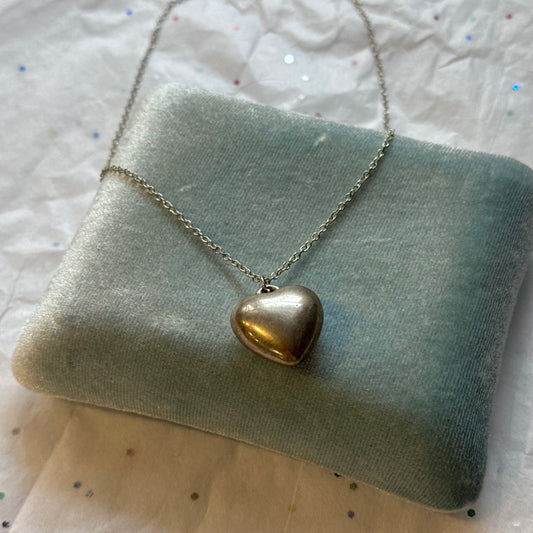 Vintage Silver Puffy Heart Pendant Necklace