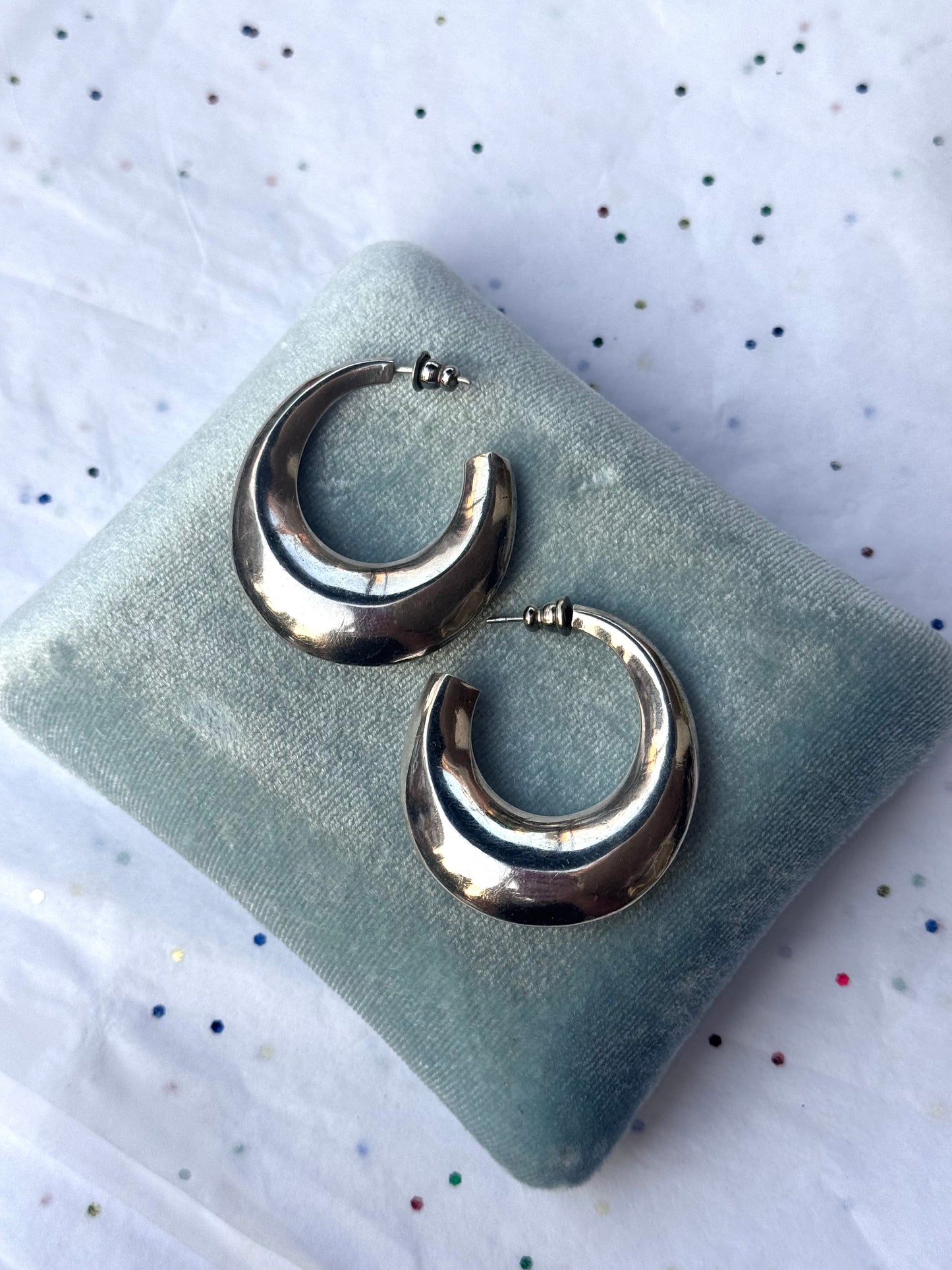 Vintage 925 Sterling Silver Large Puffed Hoop Post Earrings