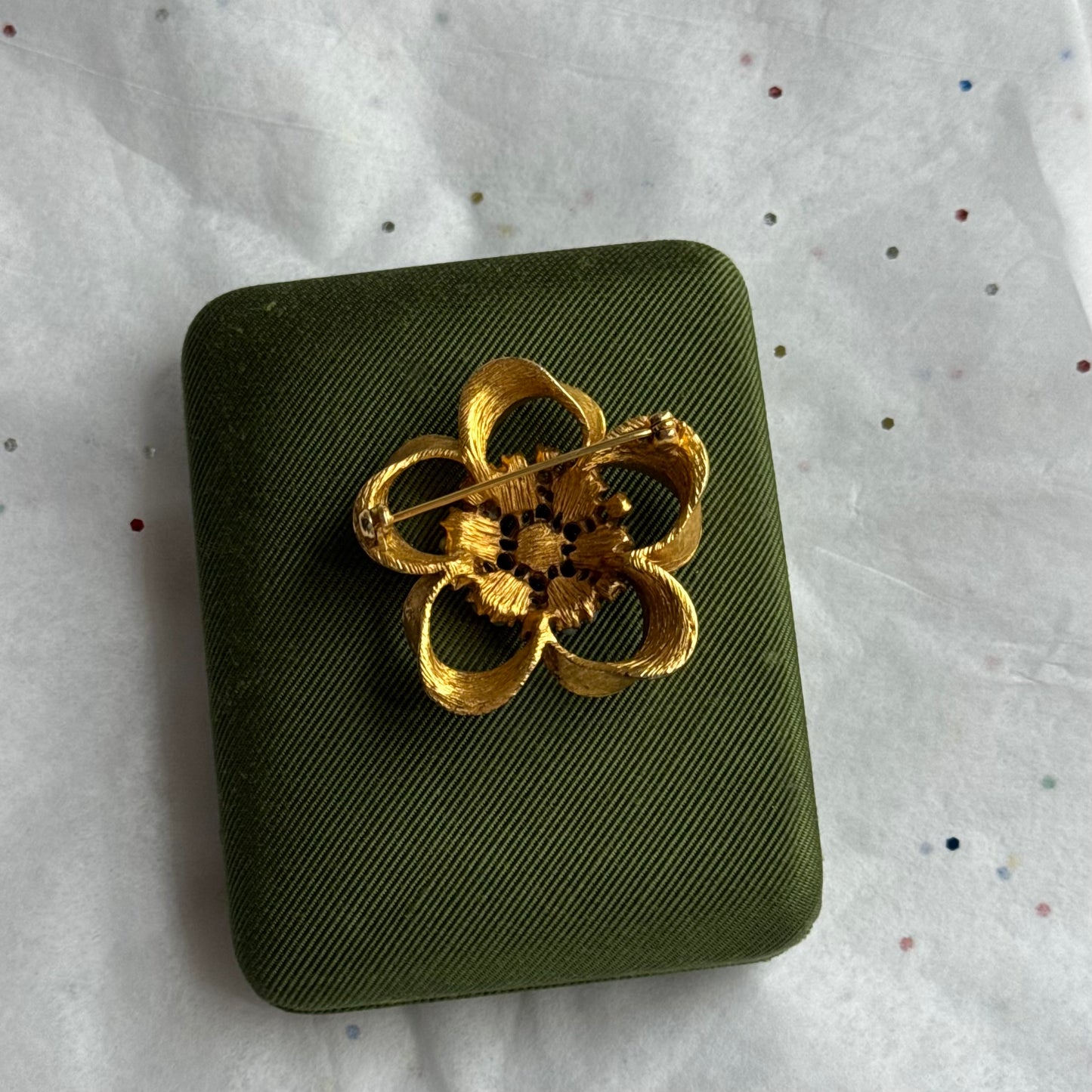 Vintage Gold Flower Brooch with Rhinestones & Teal Stones