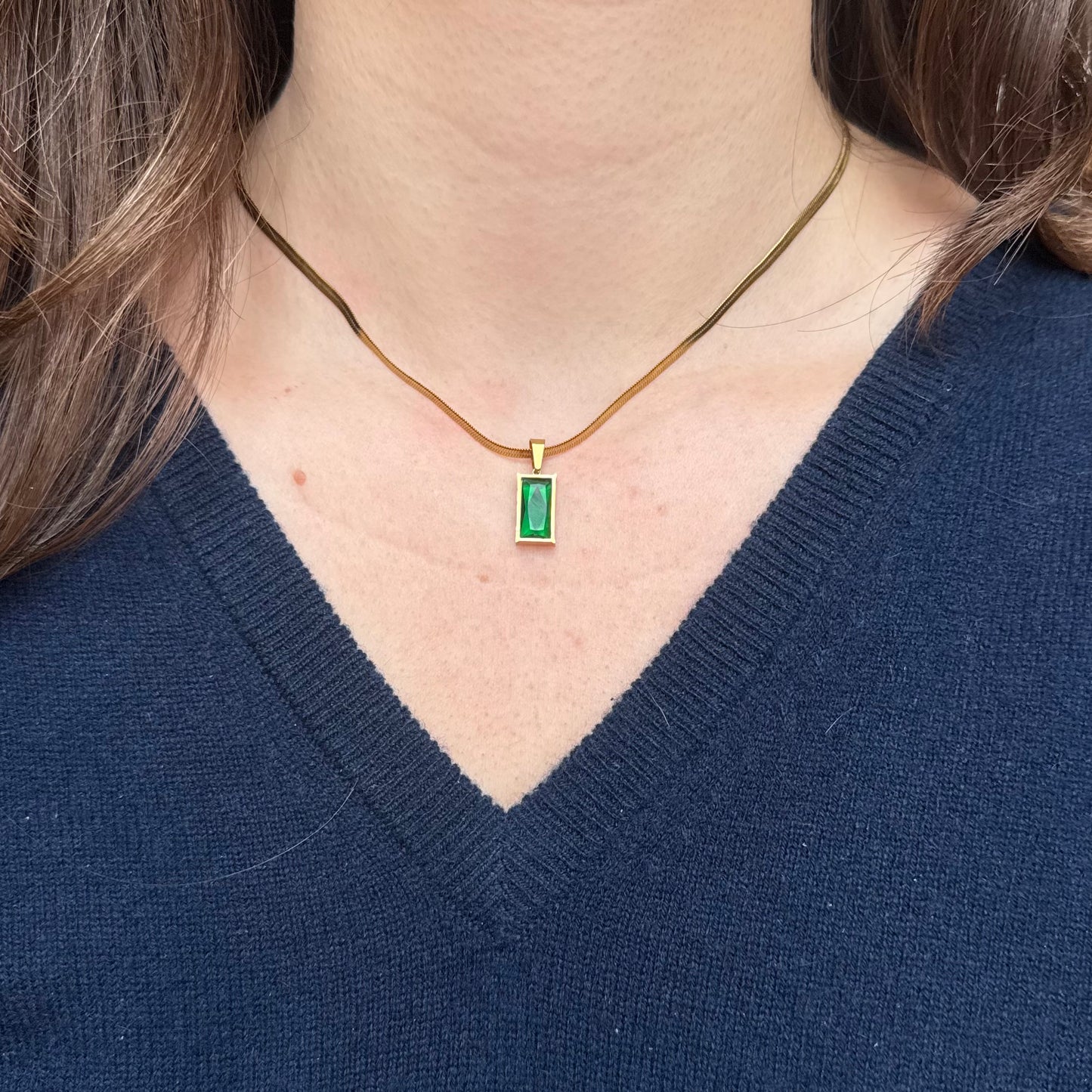 Gold Green Rhinestone Pendant Necklace