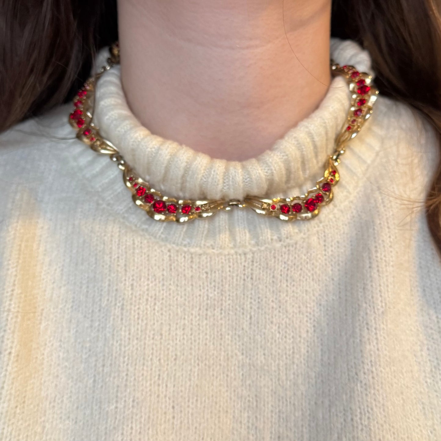 Vintage Gold Tone Red Rhinestone Necklace