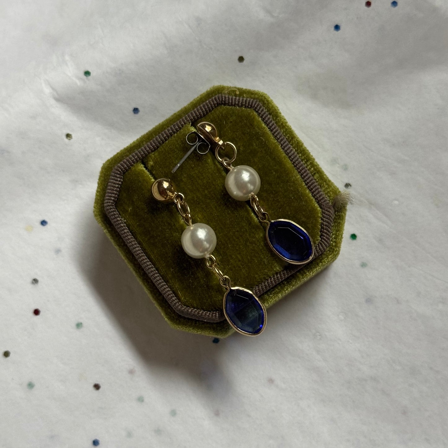 Vintage Gold, Pearl, & Blue Rhinestone Earrings