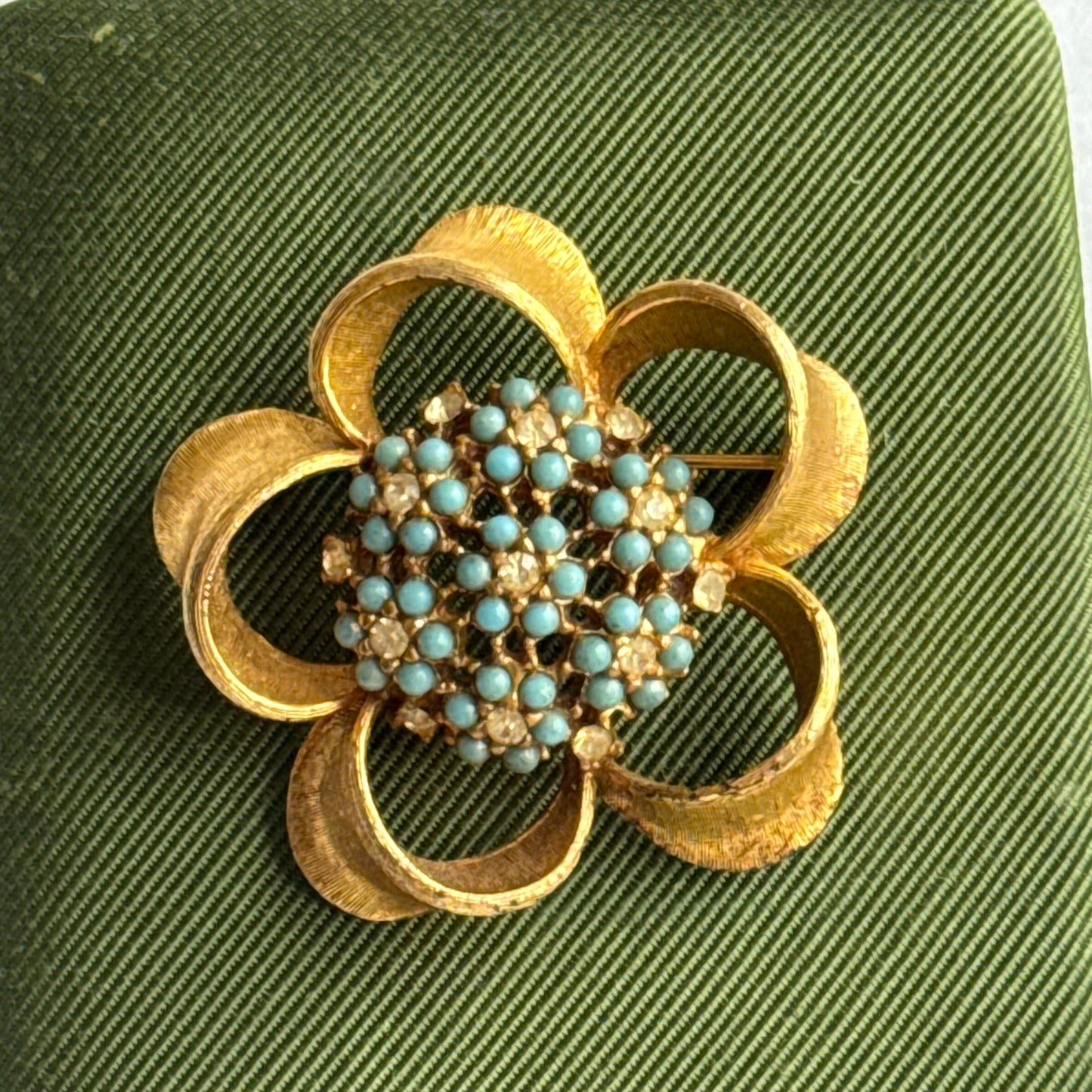 Vintage Gold Flower Brooch with Rhinestones & Teal Stones