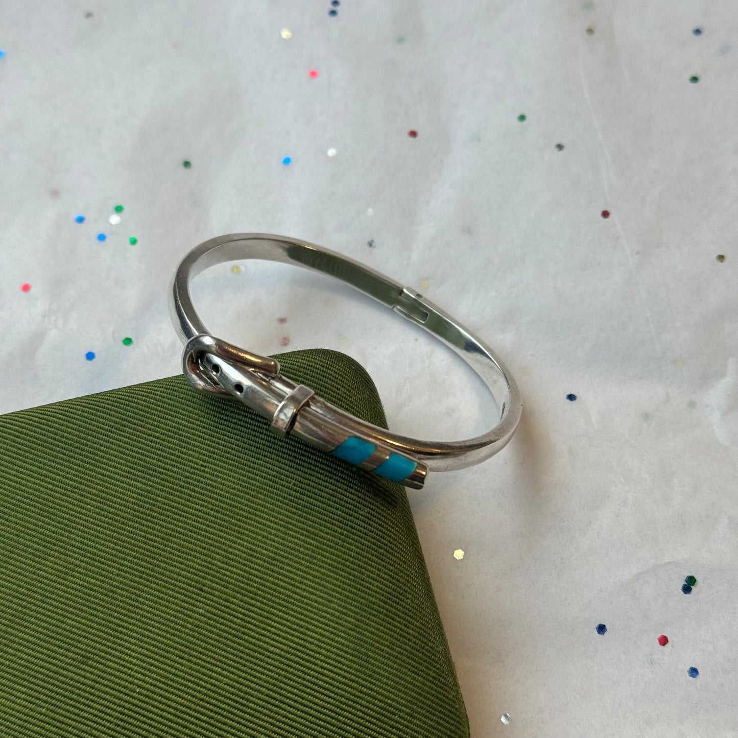 Vintage 925 Sterling Silver Belt Buckle Bangle Bracelet with Turquoise