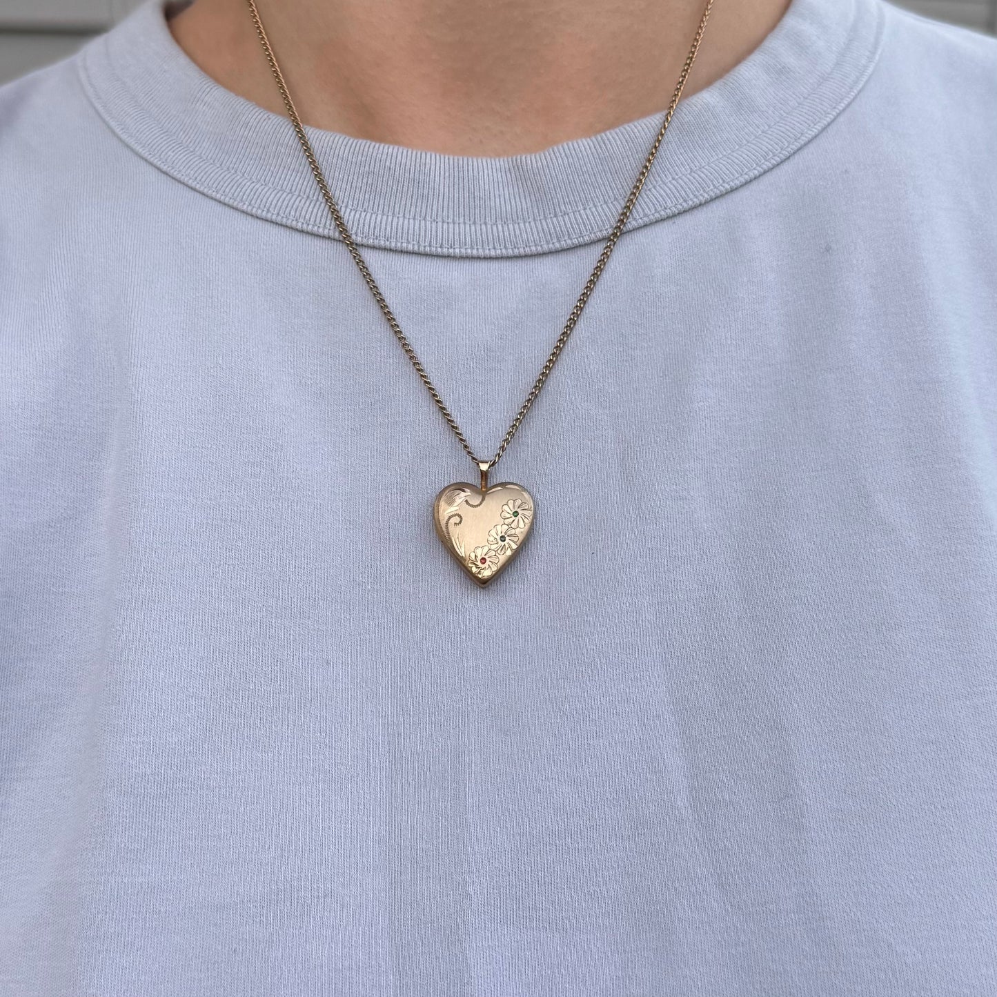 Vintage Gold-Filled Heart Locket Pendant Necklace with Multicolored Flowers