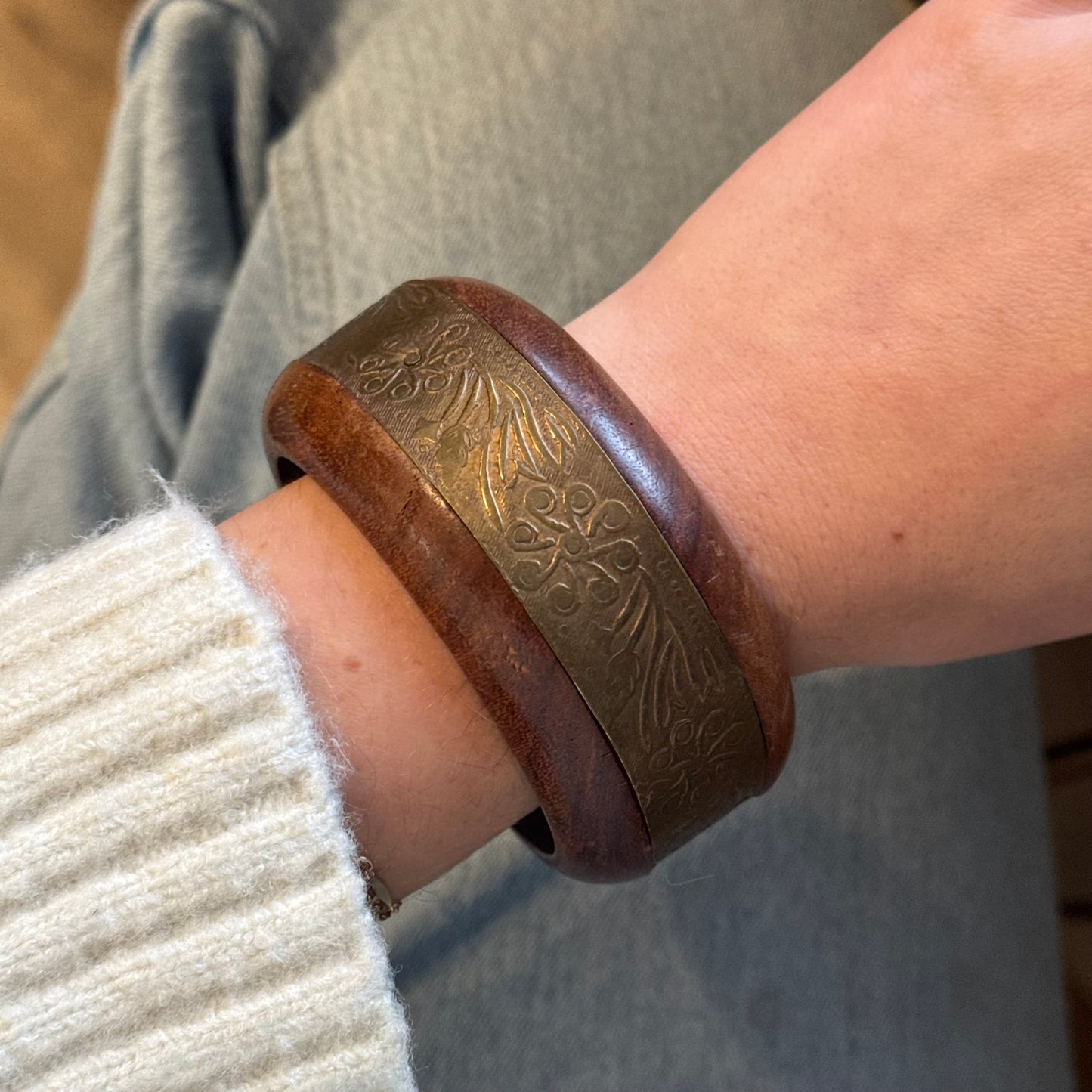 Vintage Wood & Brass Bangle Bracelet