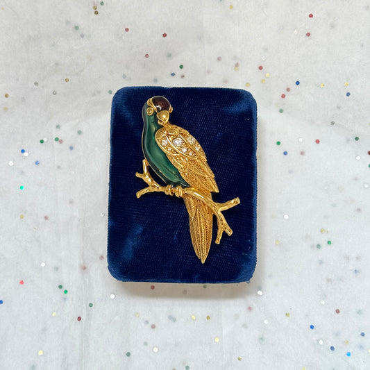 Vintage Gold Tone Avon Green Bird Rhinestone Brooch