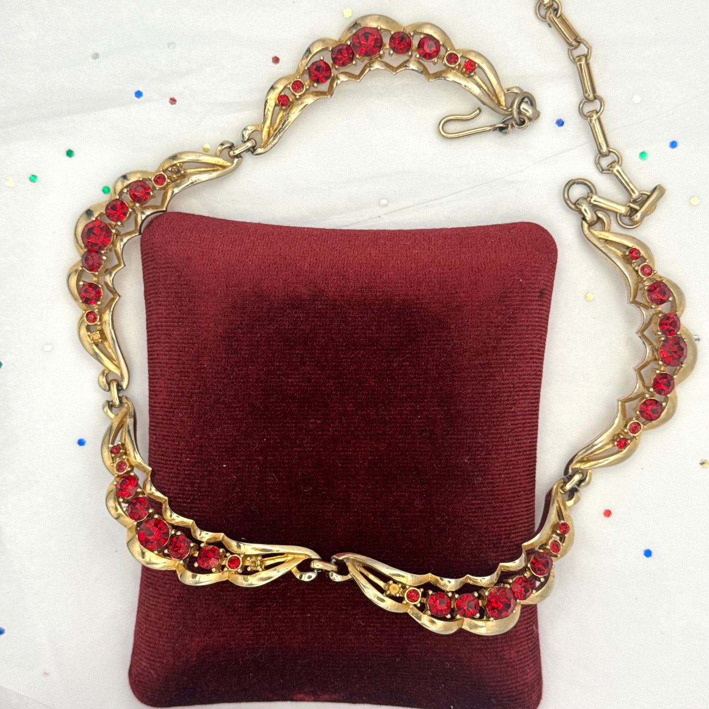 Vintage Gold Tone Red Rhinestone Necklace