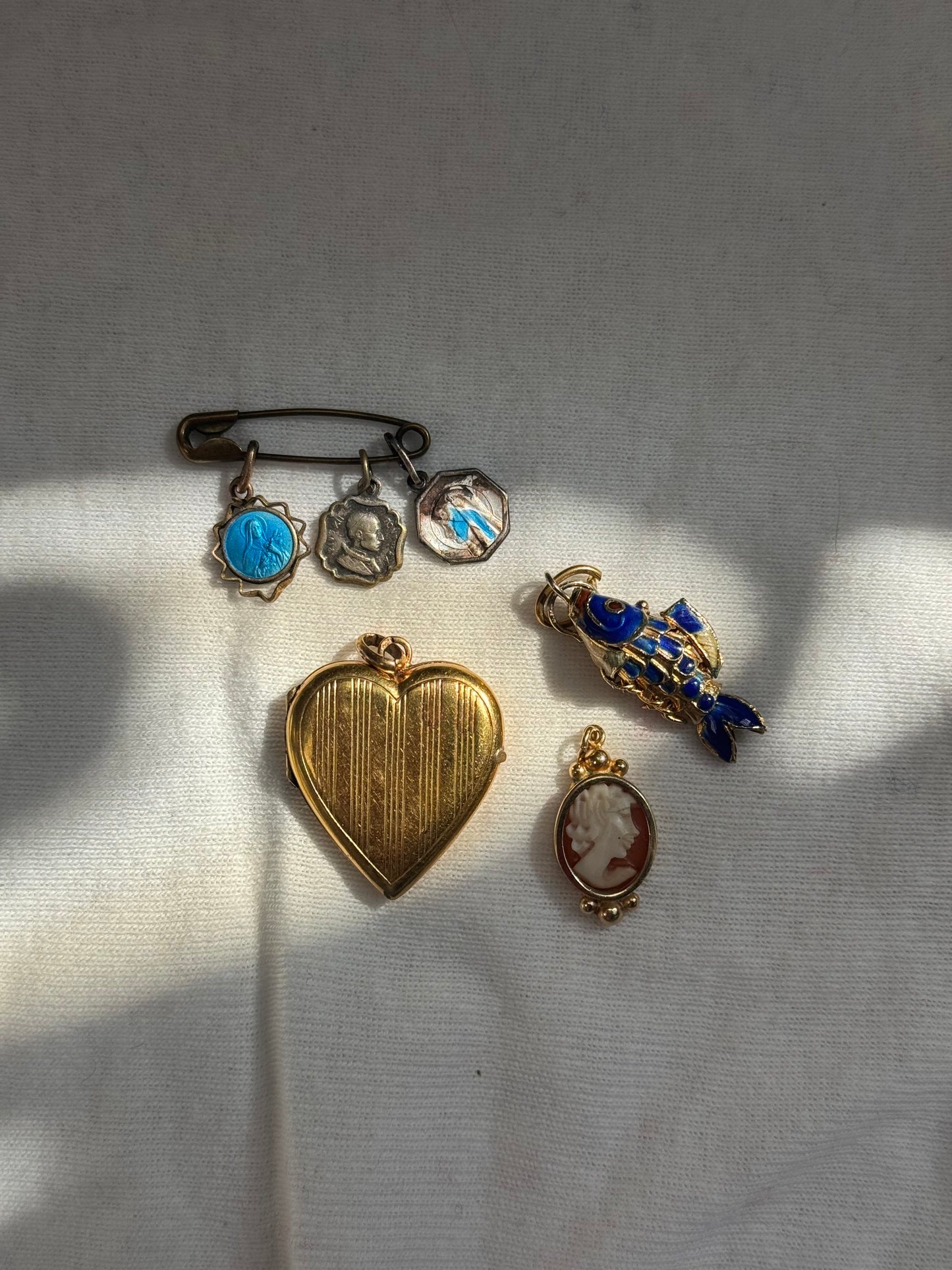 Vintage Gold Teal Enamel Mary Necklace - Sourced in Paris