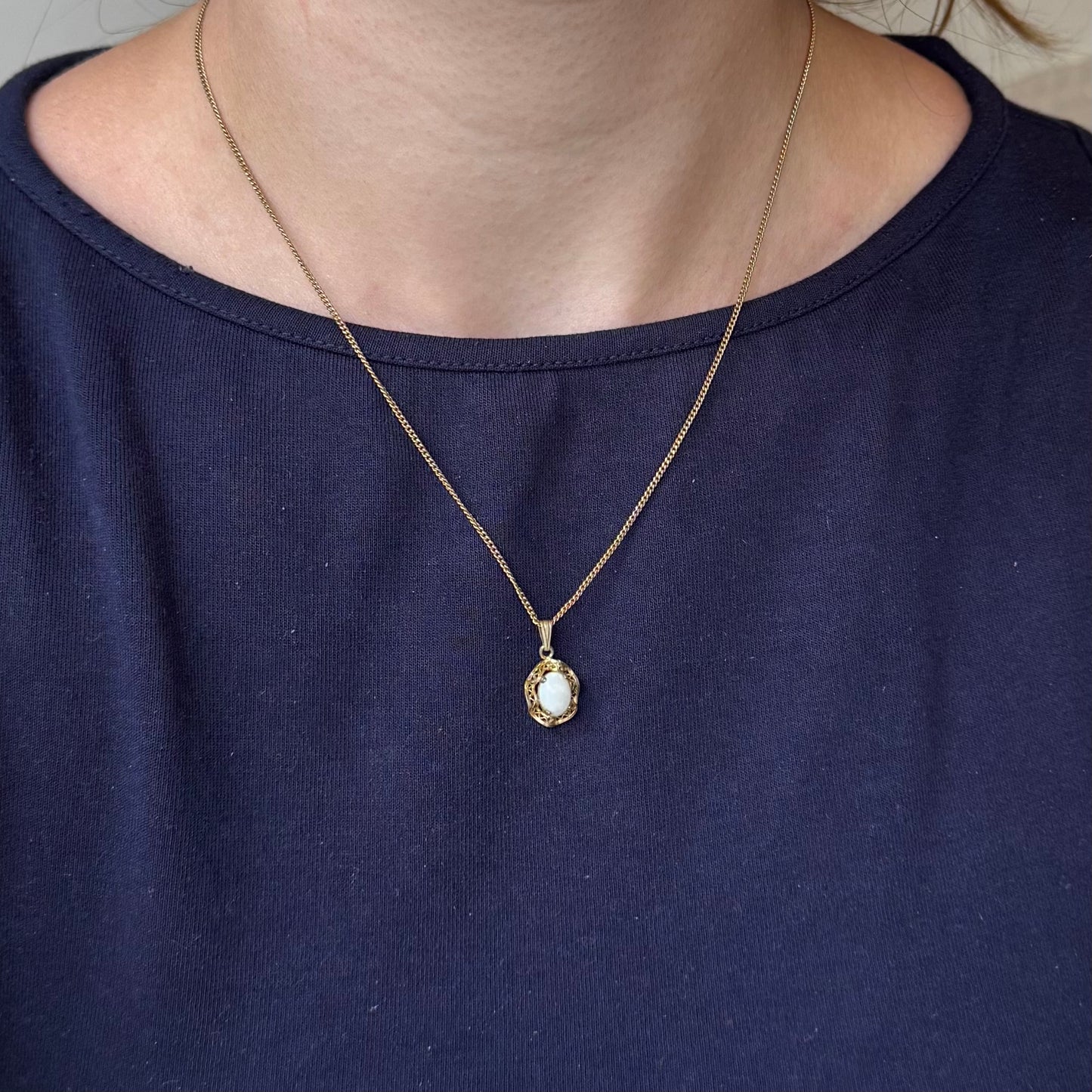 Vintage 12k Gold Filled Opal Filigree Pendant Necklace on Gold Filled Curb Chain