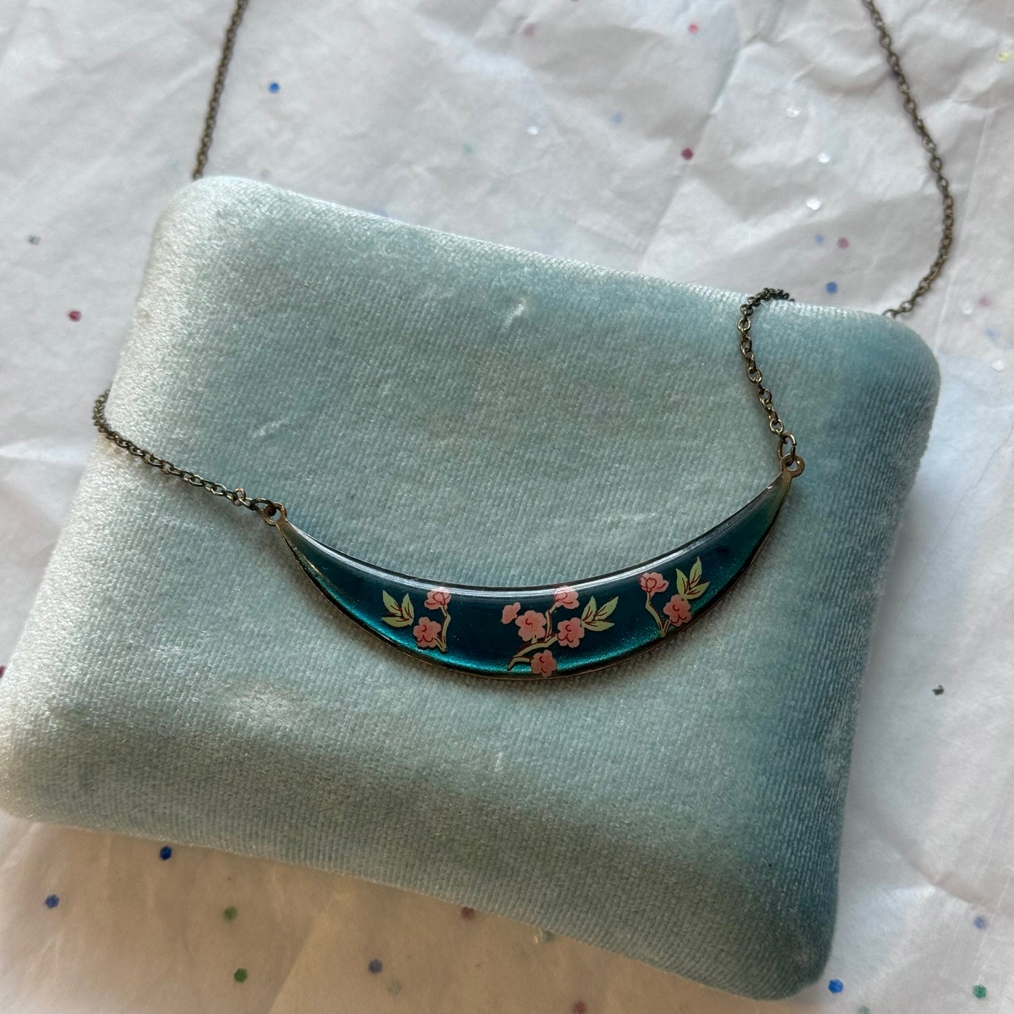 Vintage Gold & Teal Painted Floral Necklace