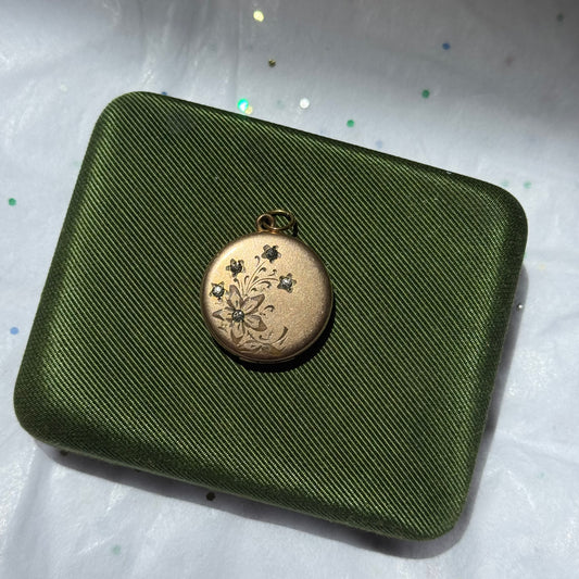 Vintage 19th Century Gold Filled Floral Locket with Rhinestones and L Engraving