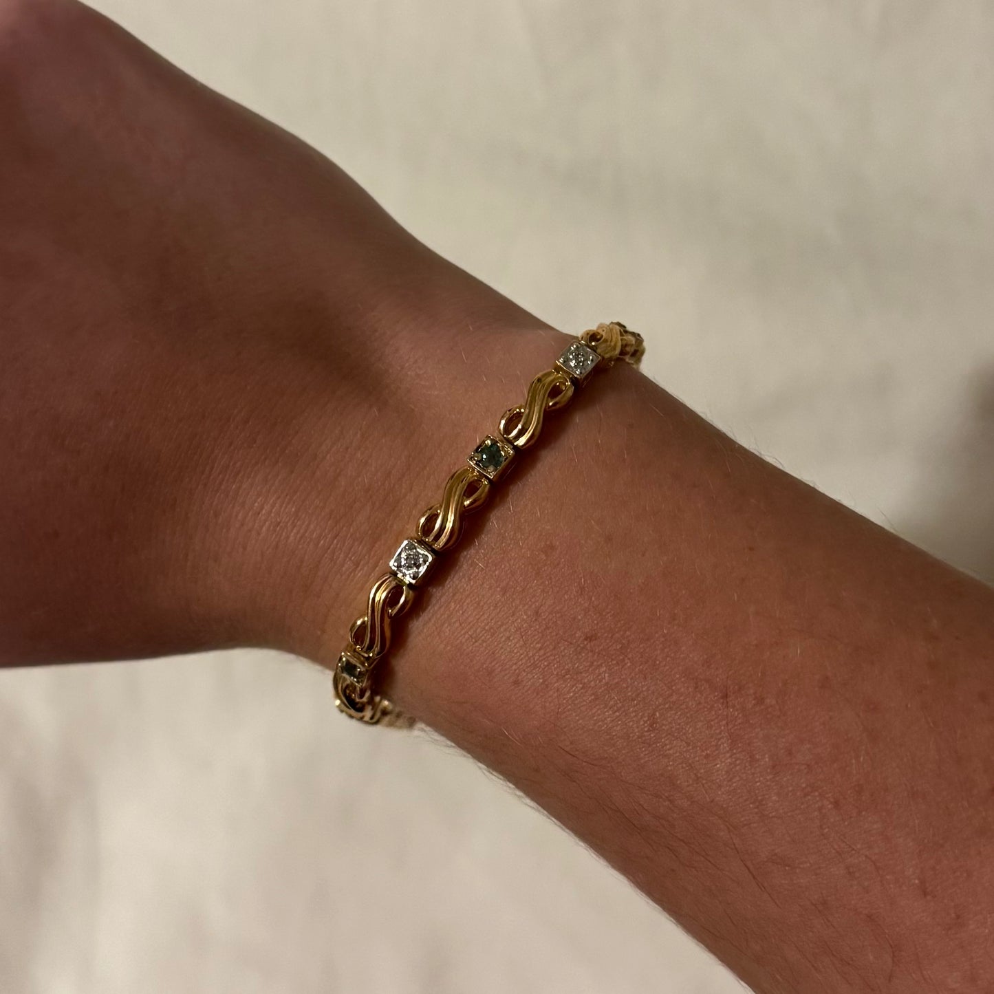 Vintage Sterling Silver Gold Vermeil Faux Emerald Rhinestone Tennis Bracelet