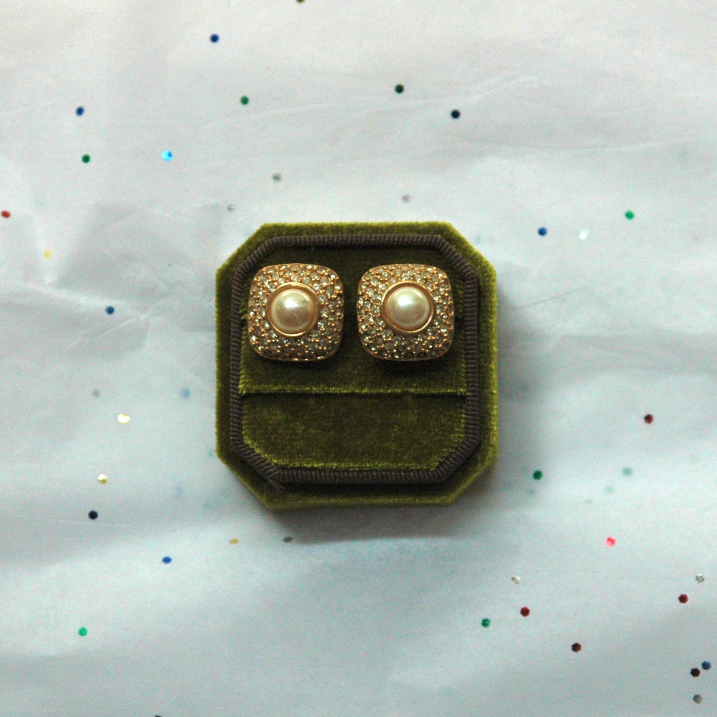 Vintage Napier Gold Tone Faux Pearl & Rhinestone Post Earrings