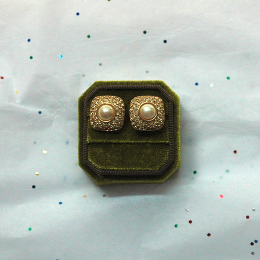Vintage Napier Gold Tone Faux Pearl & Rhinestone Post Earrings