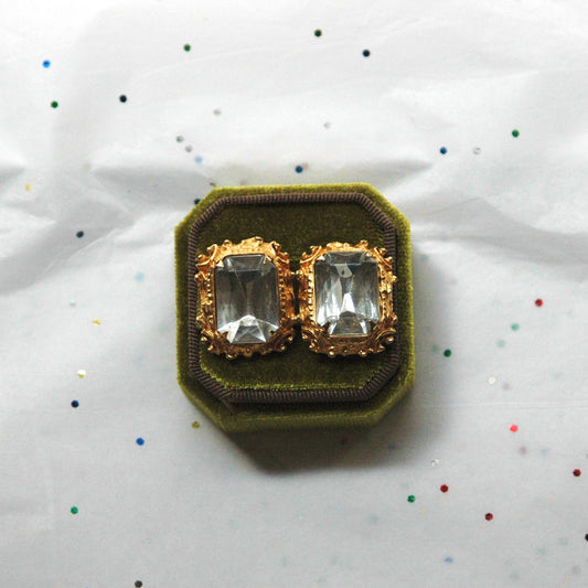 Vintage Gold Tone Square Rhinestone Post Earrings