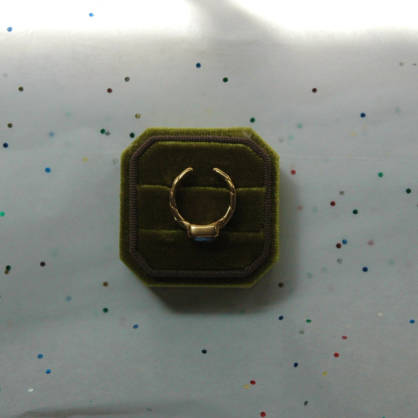 Square Blue Rhinestone Ring with Gold Chain Band