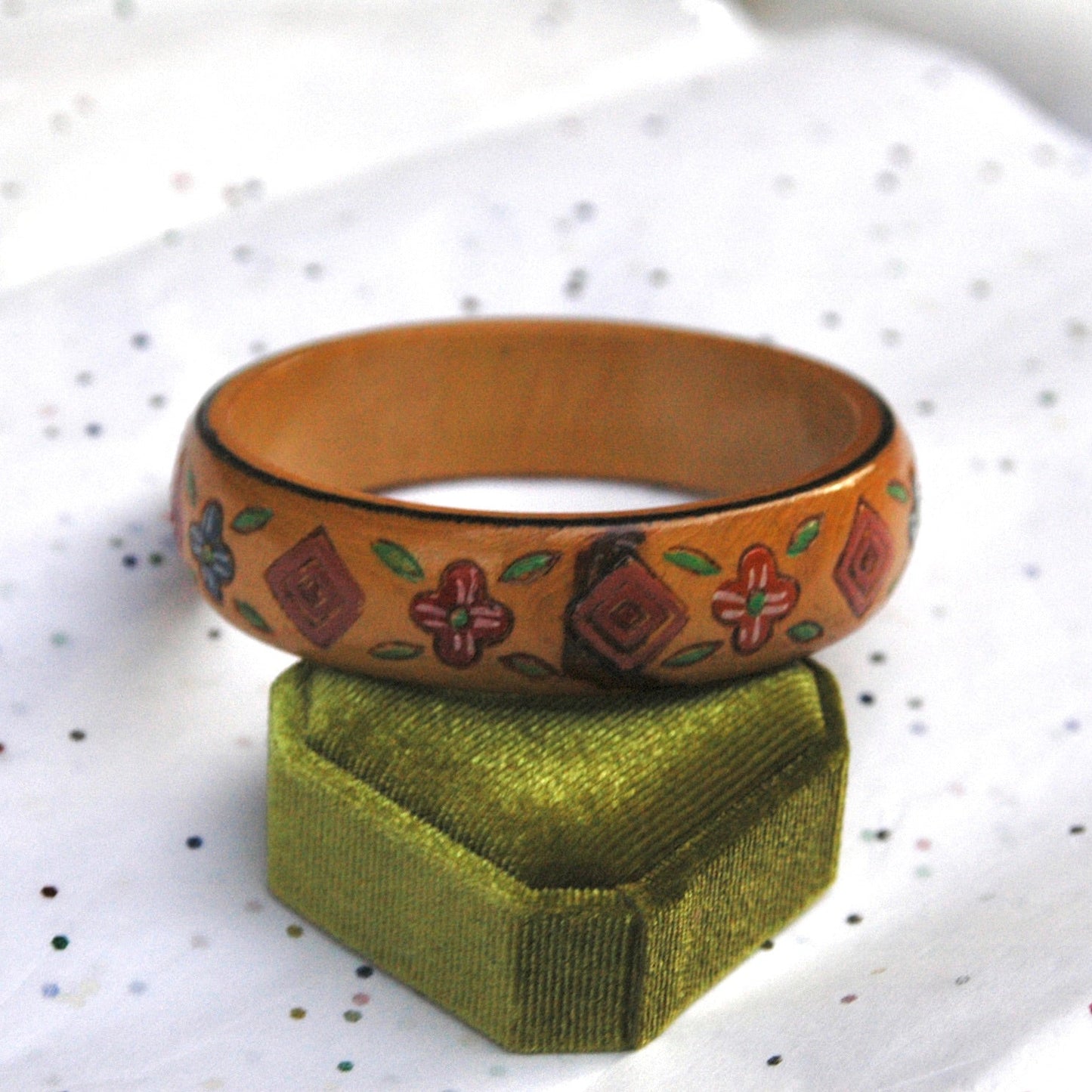 Vintage Boho Foral Hand Painted Wooden Bangle Bracelet