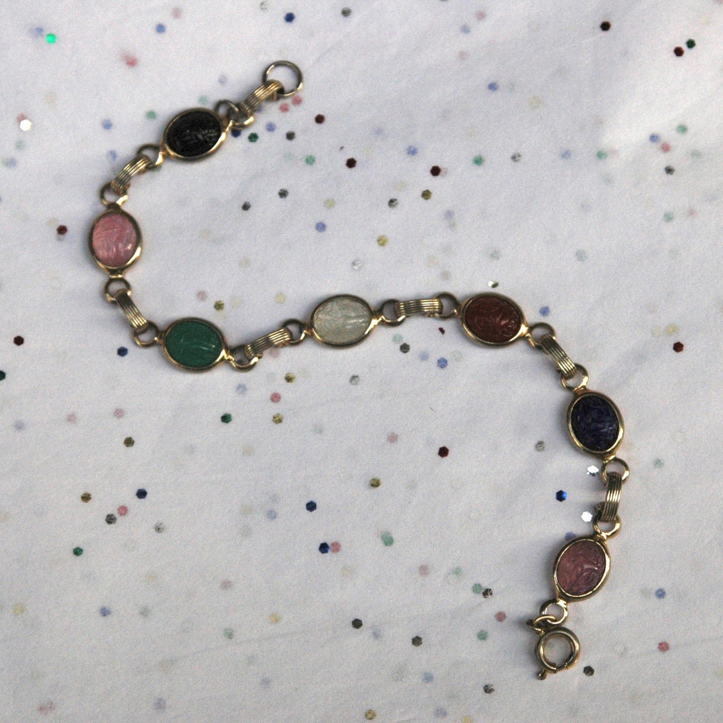 Vintage Gold Tone Multicolored Stone Small Scarab Bracelet