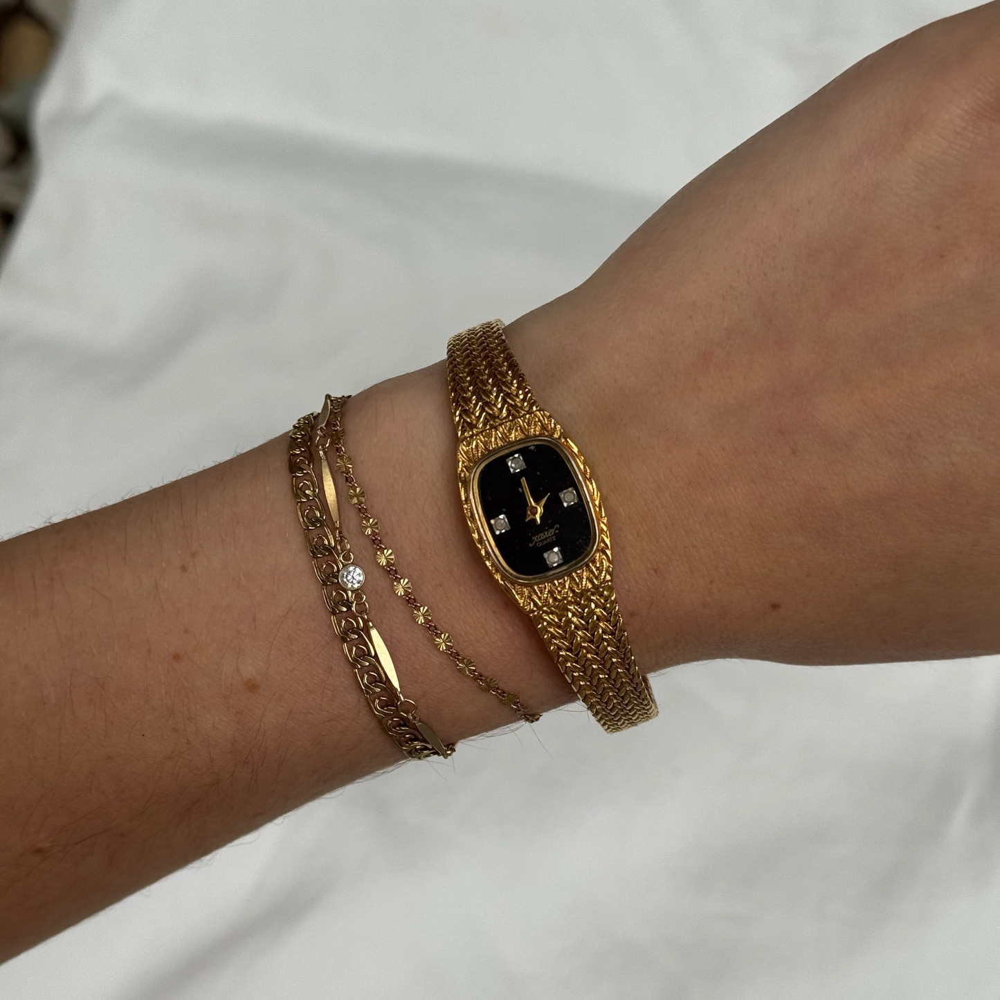 Vintage Gold Xavier Watch with Black Rectangular Face & Gemstones