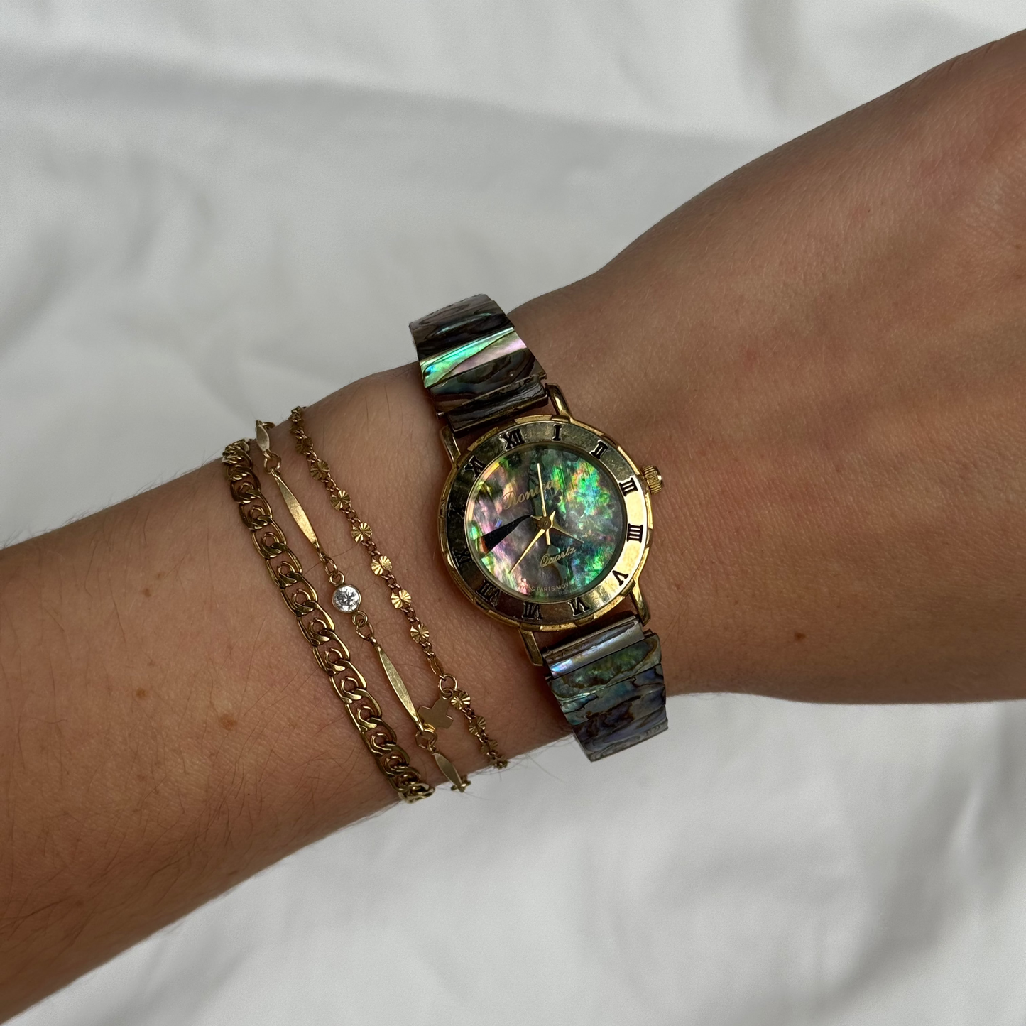Vintage Abalone Shell Gold Stretch Band Watch