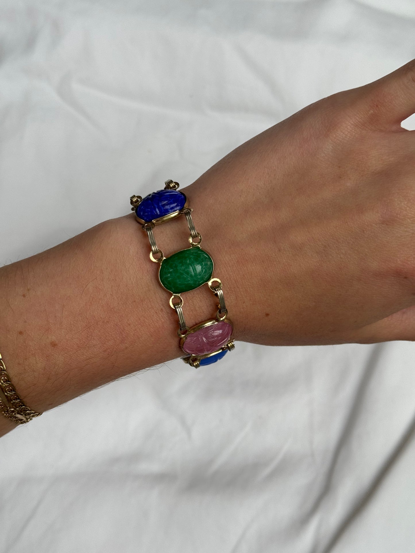 Vintage Gold Tone Multicolored Scarab Stone Bracelet