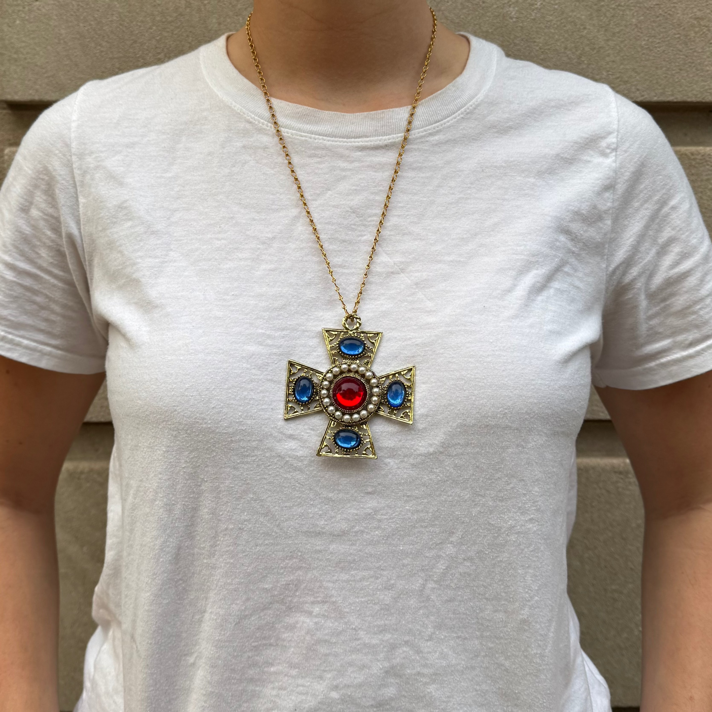 Vintage Gold Tone Rhinestone & Pearl Maltese Cross Necklace