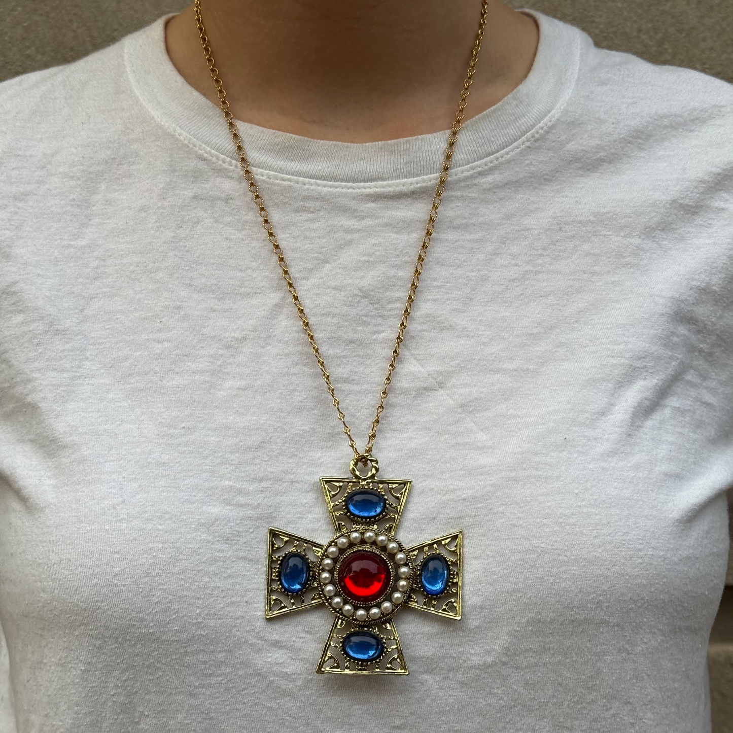 Vintage Gold Tone Rhinestone & Pearl Maltese Cross Necklace