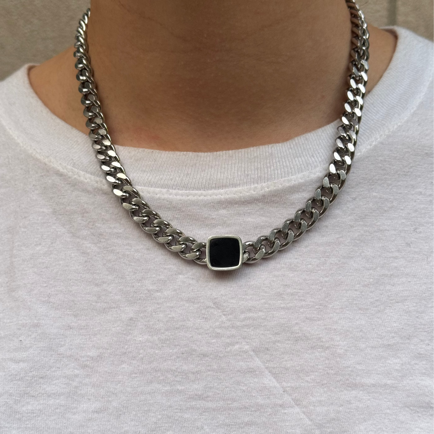 Silver Cuban Link Necklace with Black Square Detail