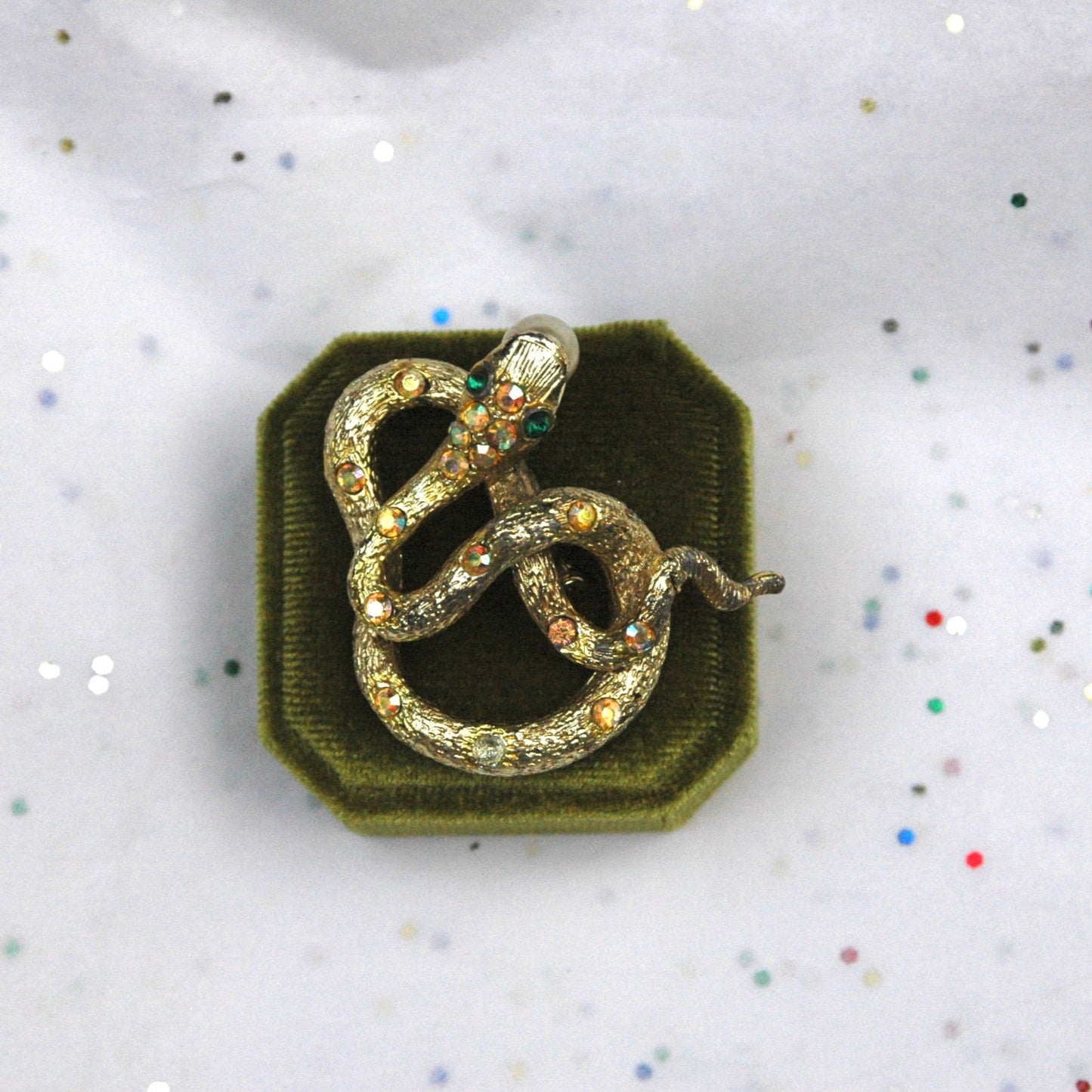 Vintage Gold Tone Avon Snake Rhinestone Pearl Brooch
