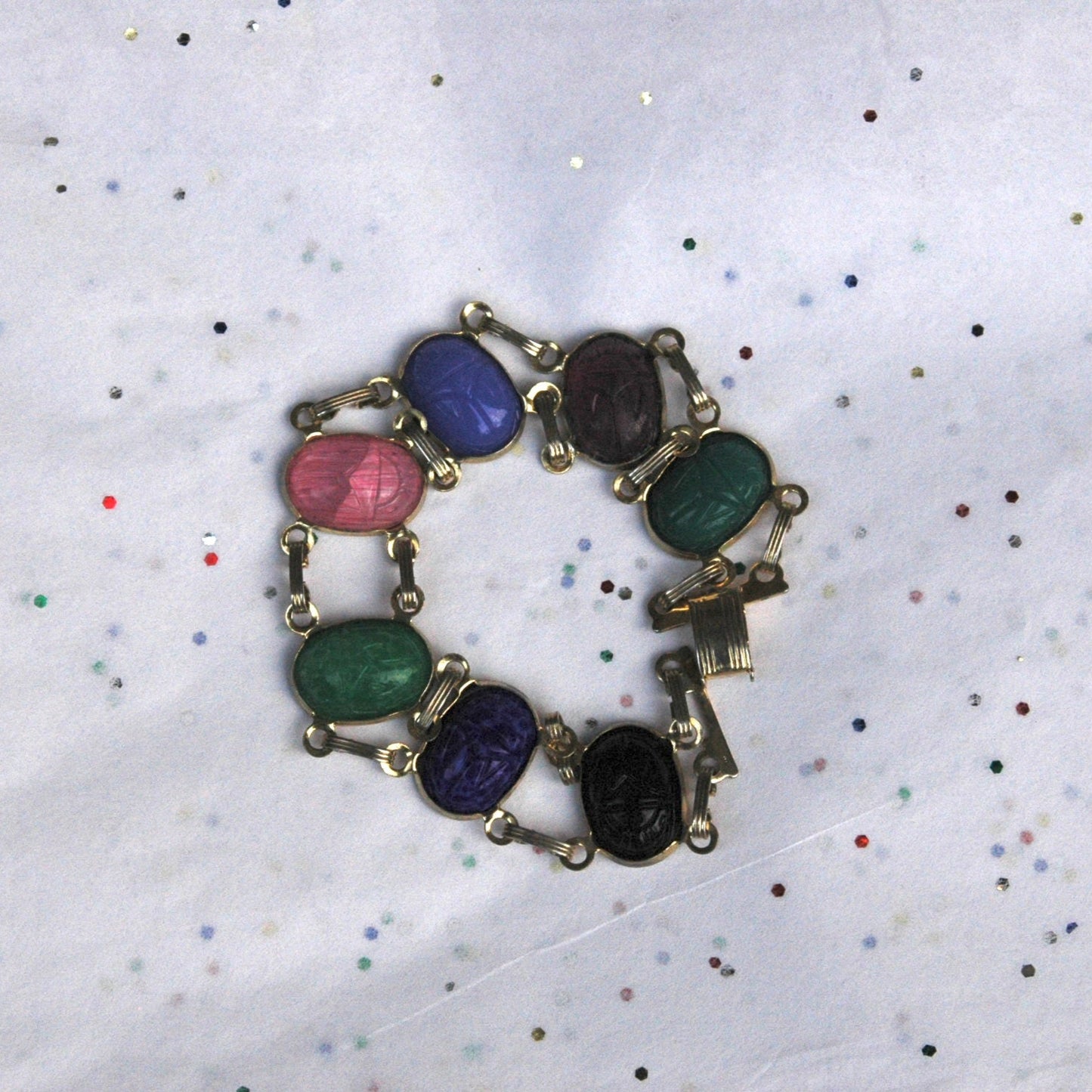 Vintage Gold Tone Multicolored Scarab Stone Bracelet