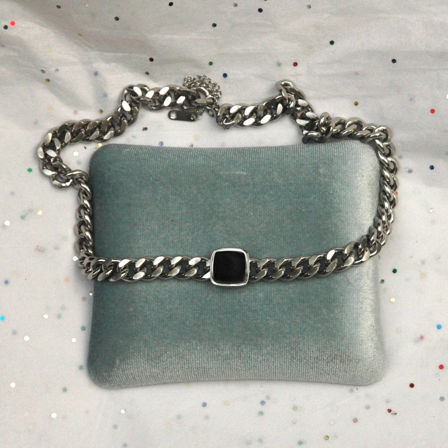 Silver Cuban Link Necklace with Black Square Detail