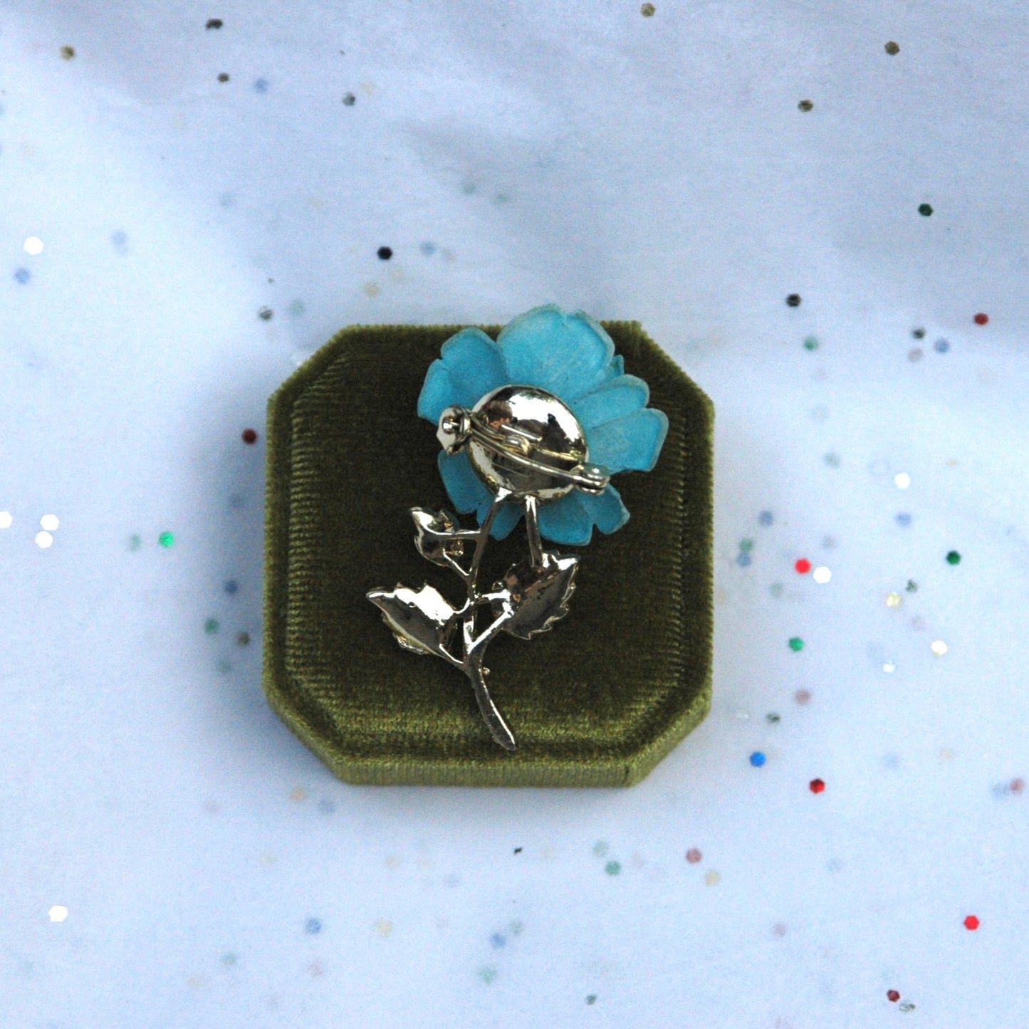 Vintage Gold Blue Rose Brooch