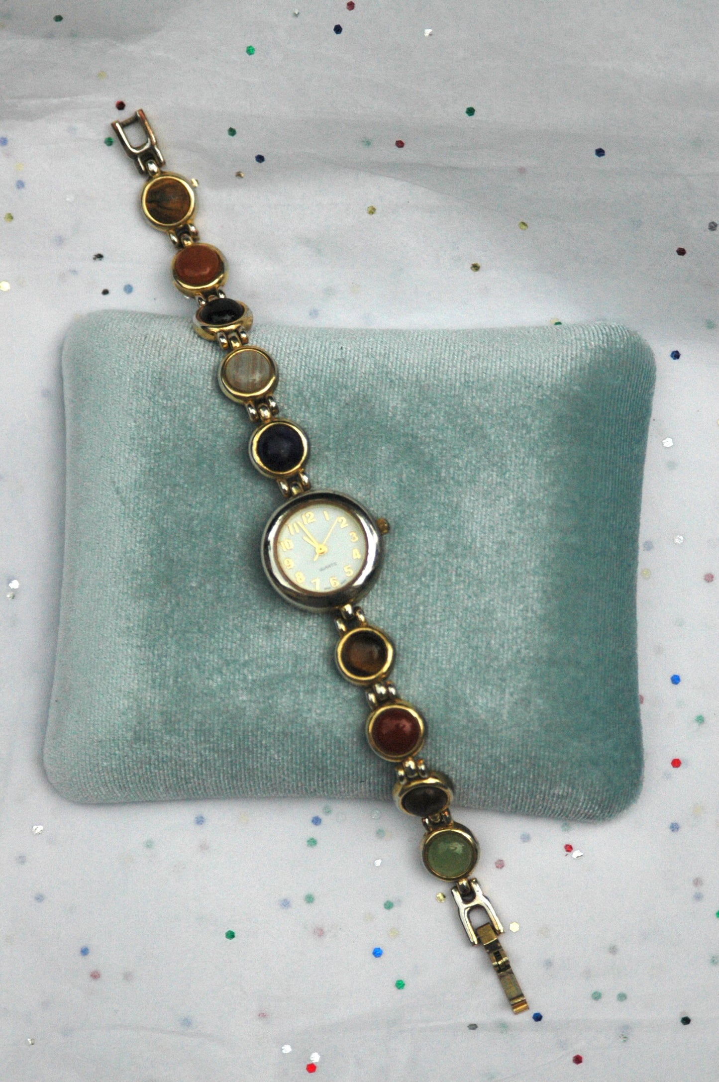 Vintage Gold Tone Watch with Multicolored Stones