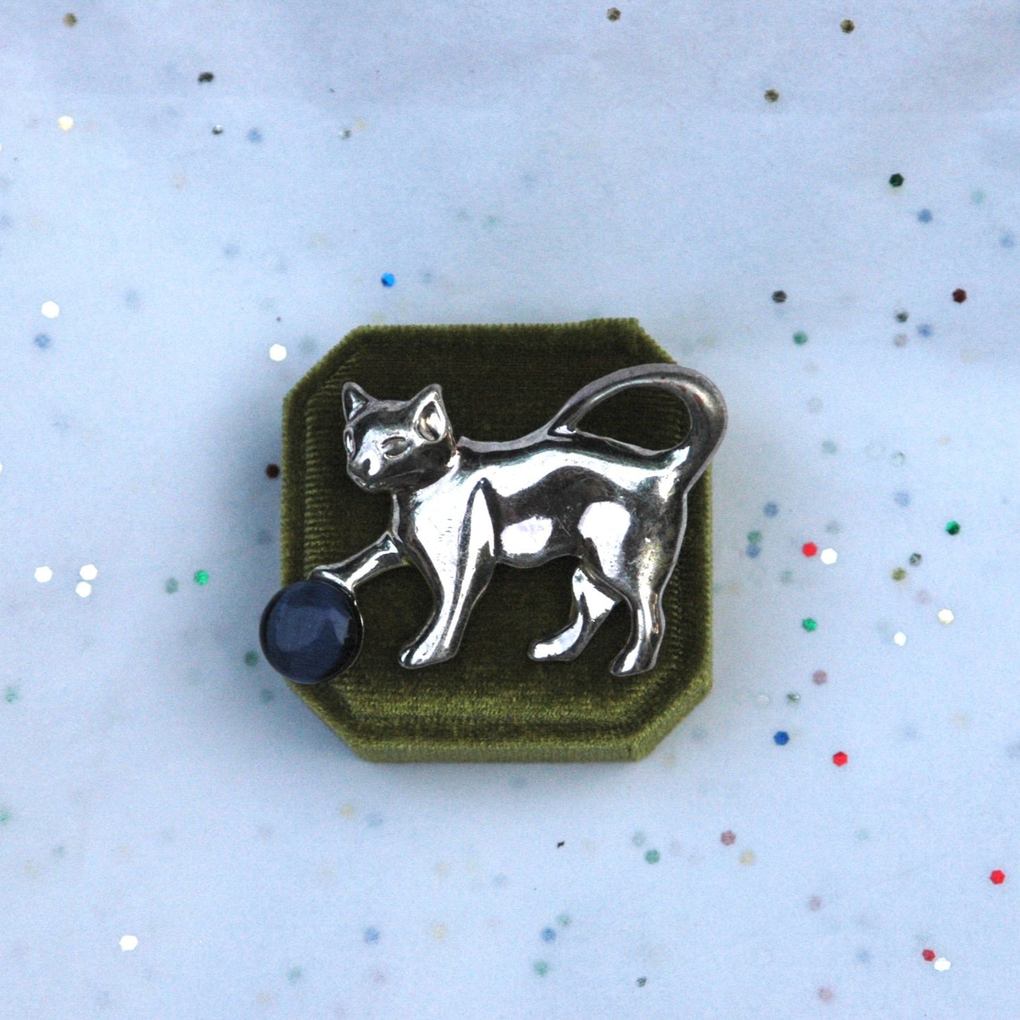 Vintage Silver Cat Playing with Blue Yarn Brooch