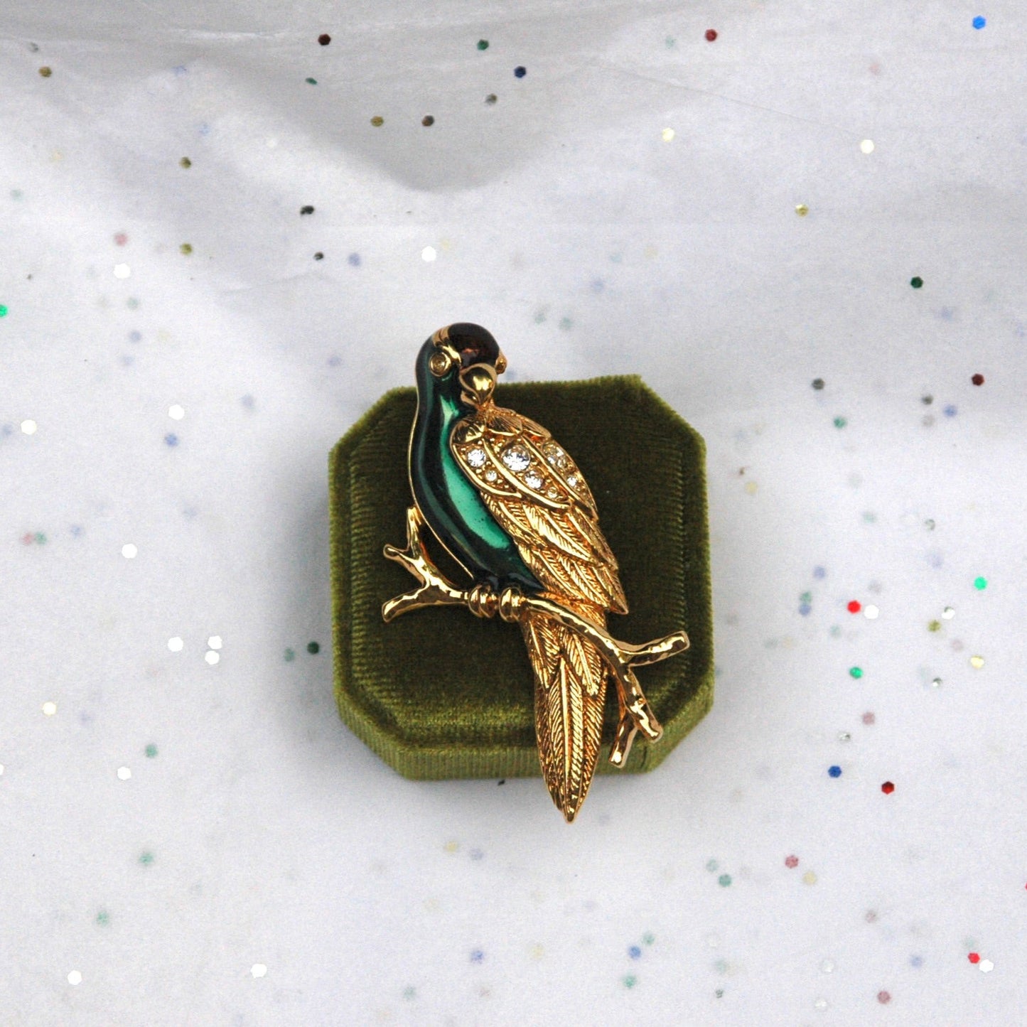 Vintage Gold Tone Avon Green Bird Rhinestone Brooch