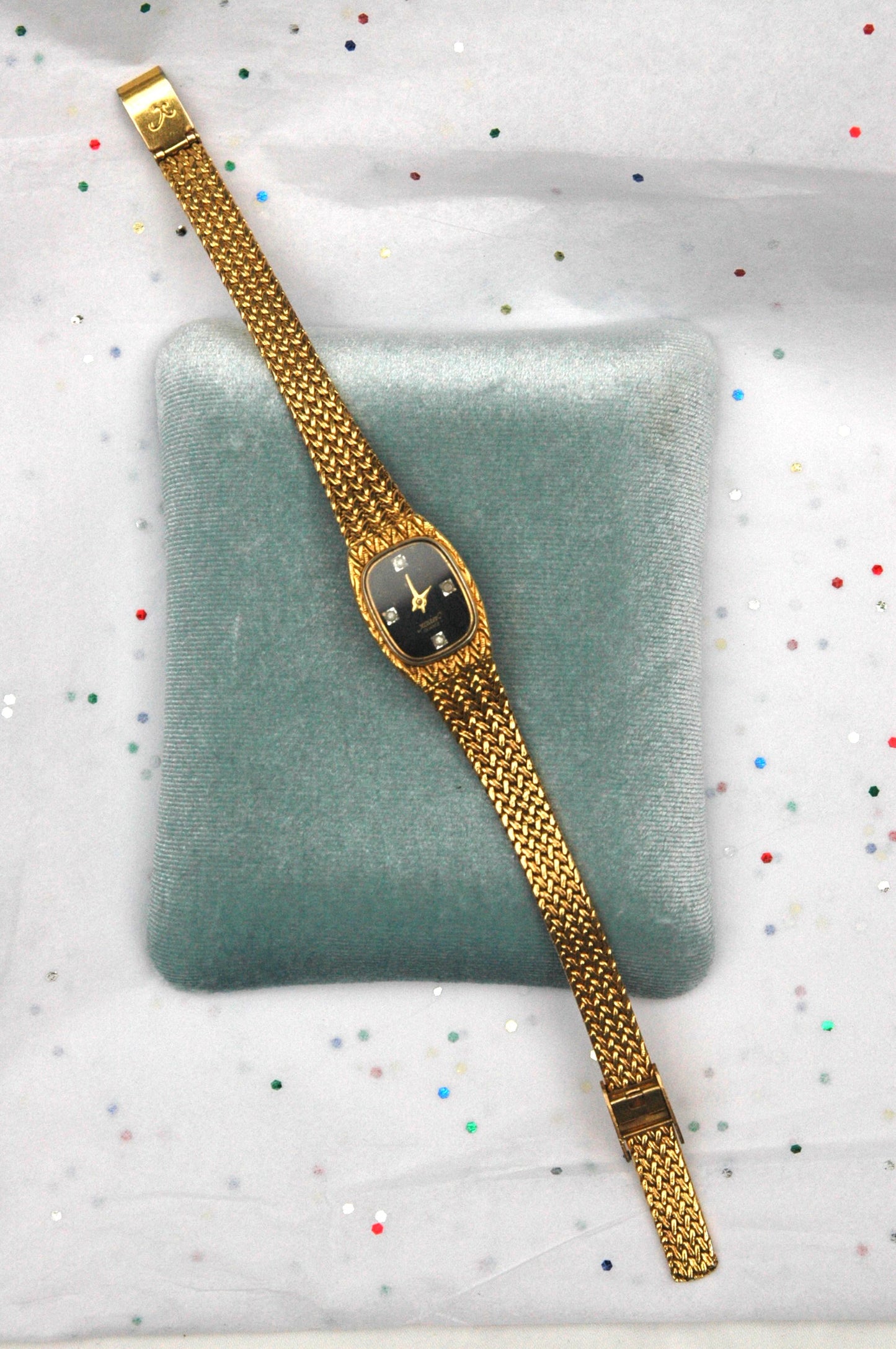 Vintage Gold Xavier Watch with Black Rectangular Face & Gemstones