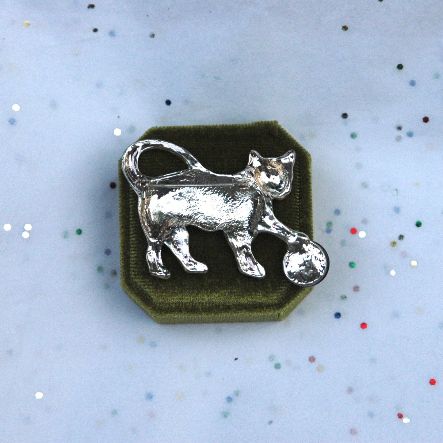 Vintage Silver Cat Playing with Blue Yarn Brooch