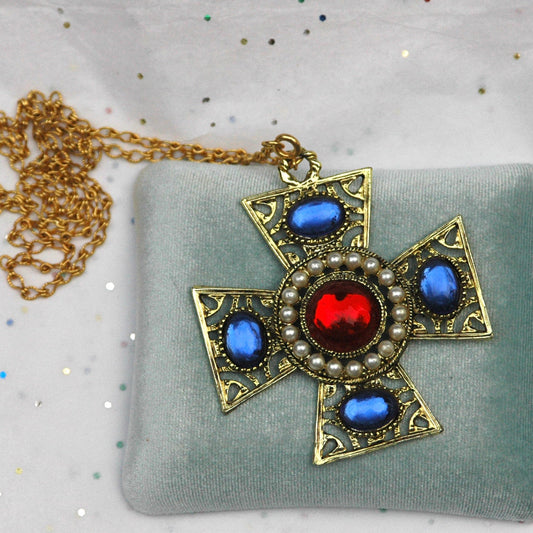 Vintage Gold Tone Rhinestone & Pearl Maltese Cross Necklace
