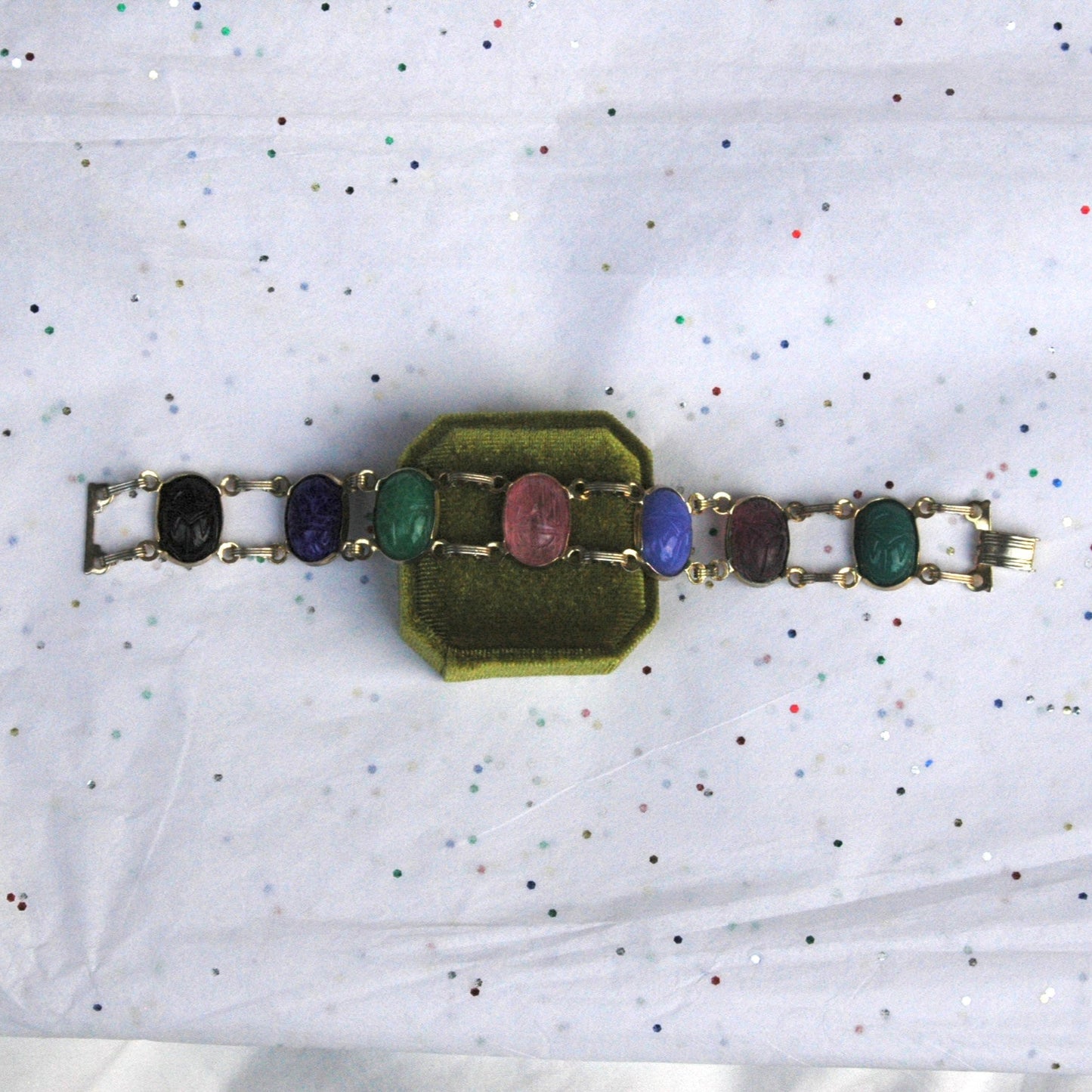 Vintage Gold Tone Multicolored Scarab Stone Bracelet