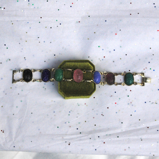 Vintage Gold Tone Multicolored Scarab Stone Bracelet