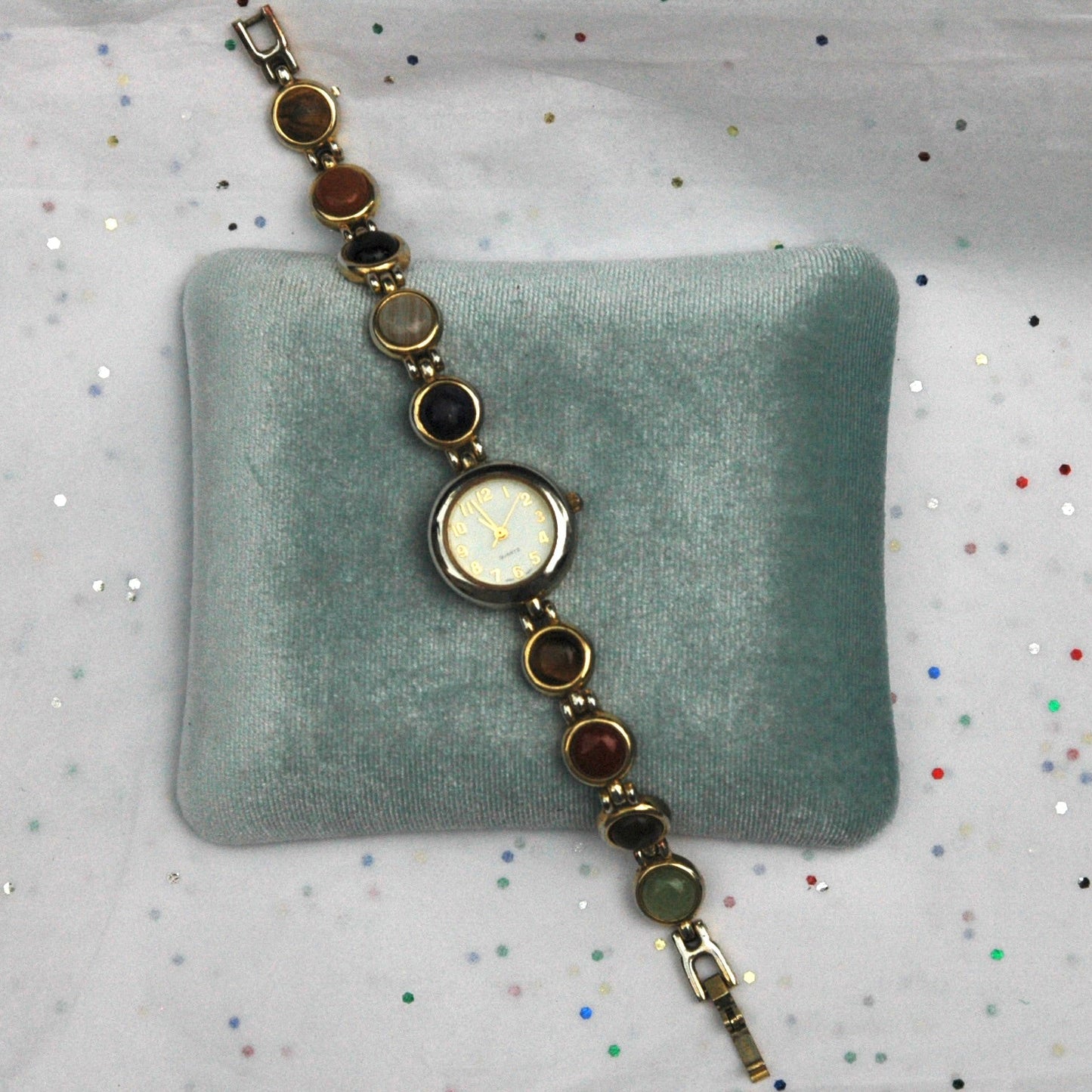 Vintage Gold Tone Watch with Multicolored Stones