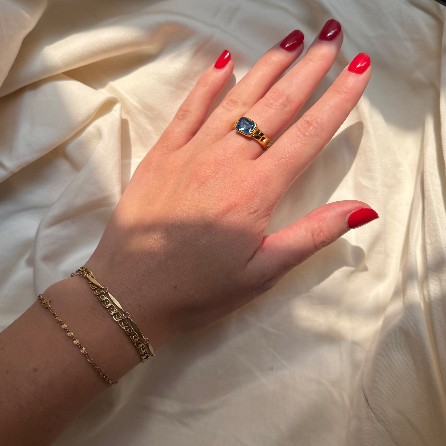 Square Blue Rhinestone Ring with Gold Chain Band