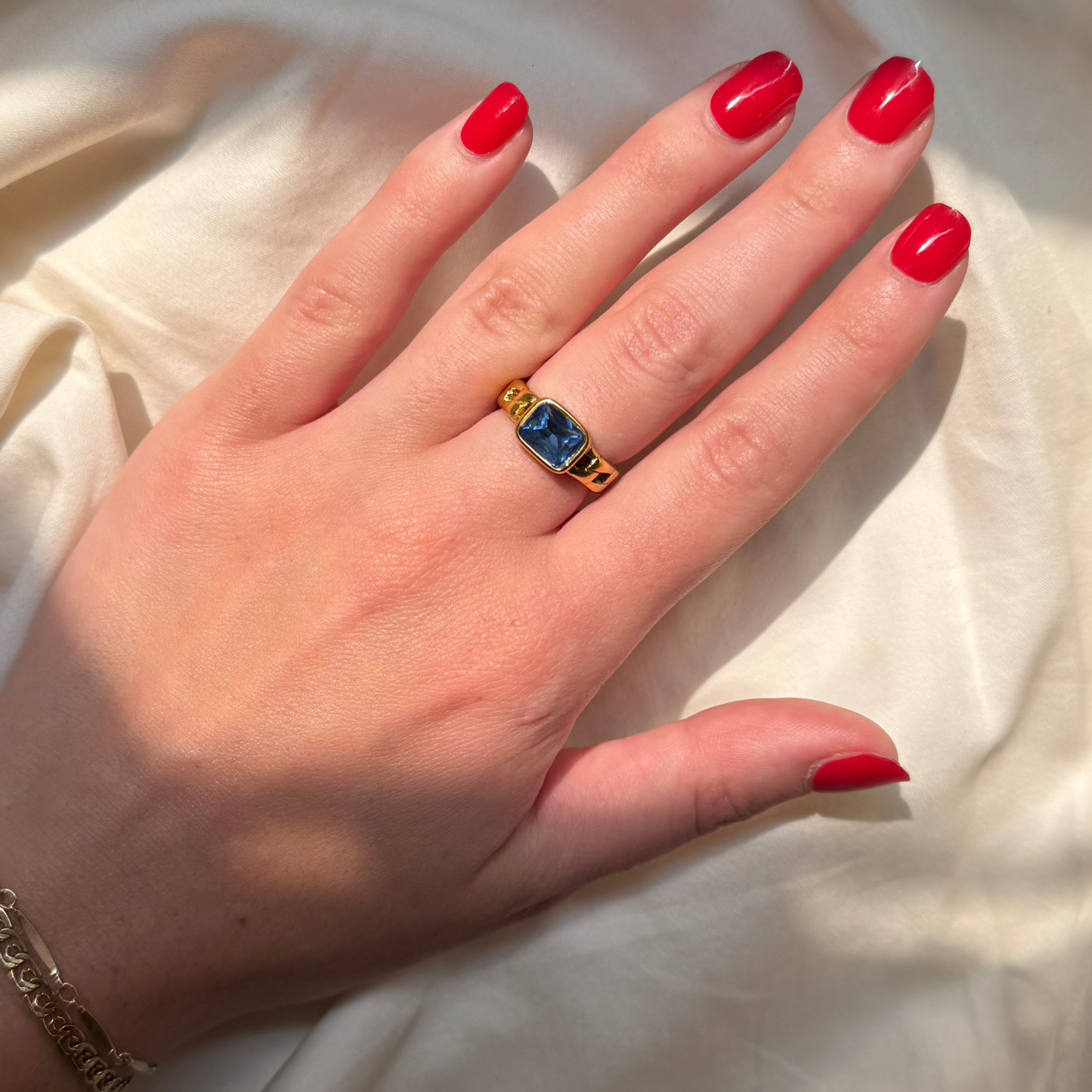 Square Blue Rhinestone Ring with Gold Chain Band