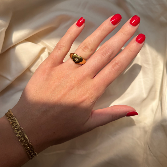 Gold Heart Signet Ring with Star-set Rhinestone