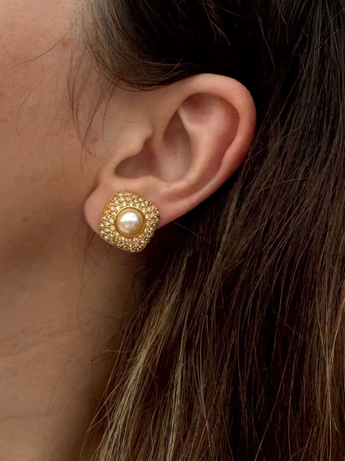 Vintage Napier Gold Tone Faux Pearl & Rhinestone Post Earrings